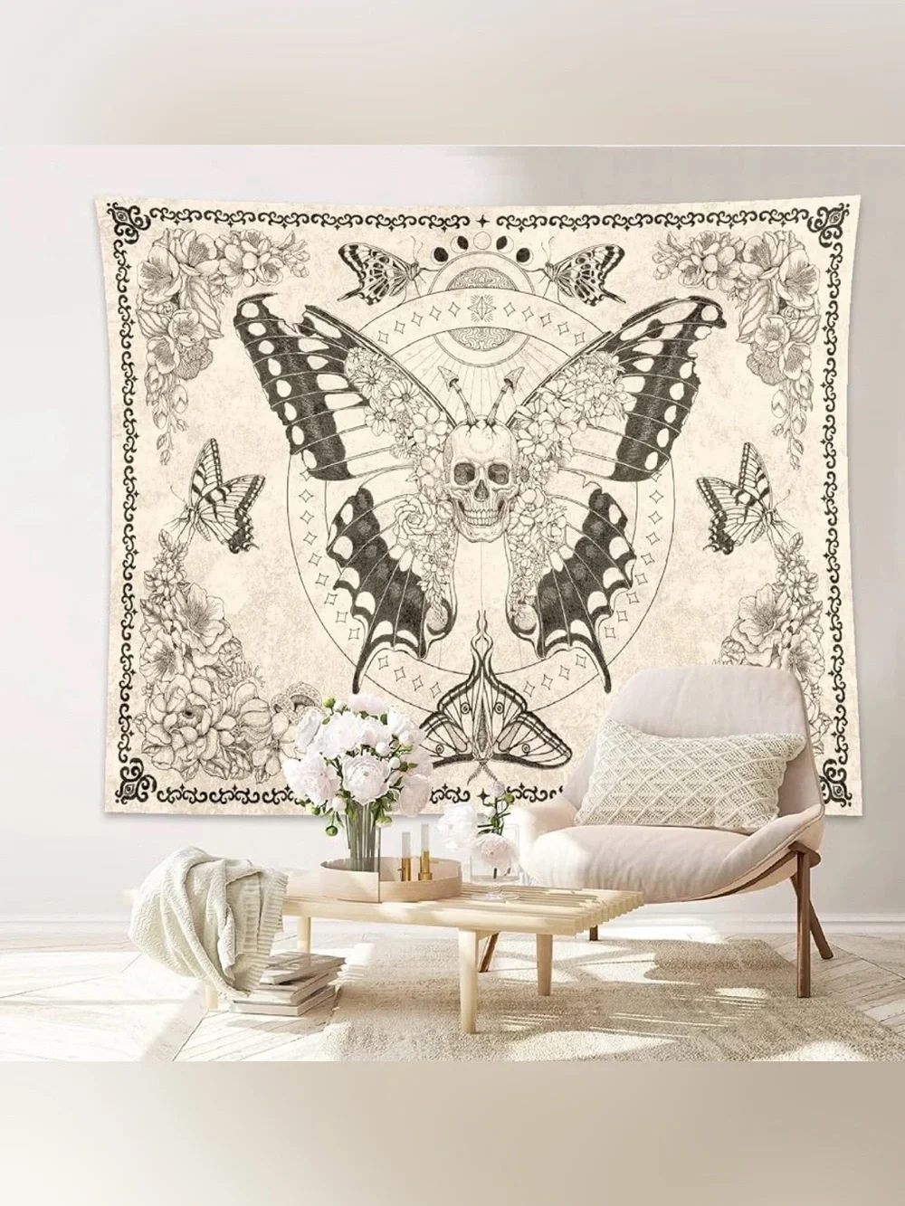 Bohemian Skull & Butterfly Wall Tapestry - Linen